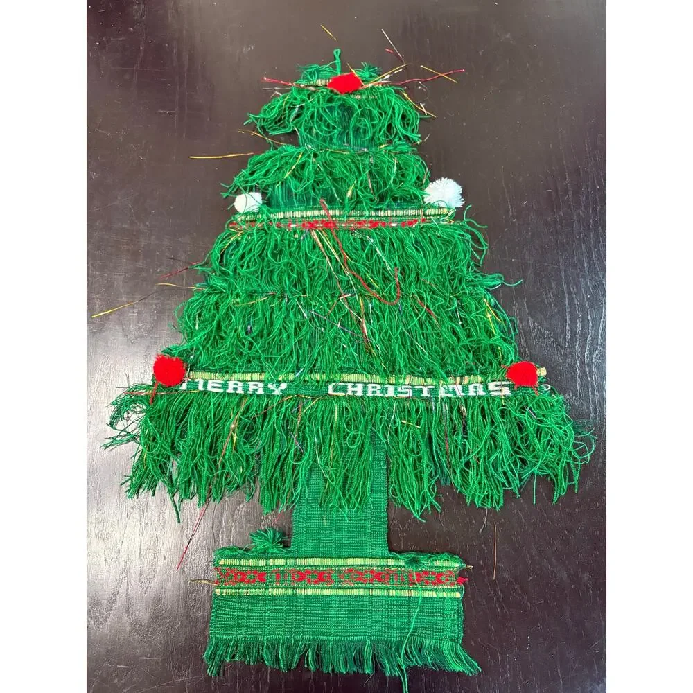 Vintage Yarn Fiber Art Decor Christmas Tree Tinsel Boho Retro Wall Hanger 28x16